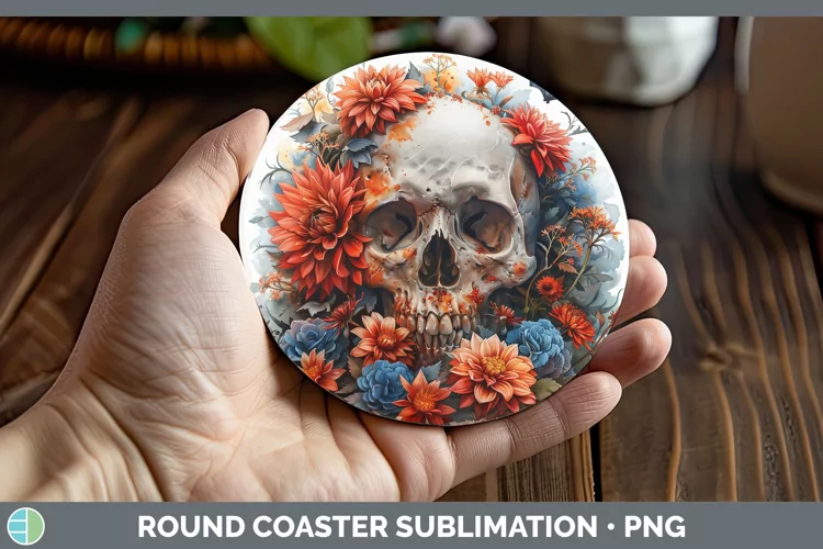 Skull Flowers 01 Dahlia Round Coaster Sublimation Coaster De