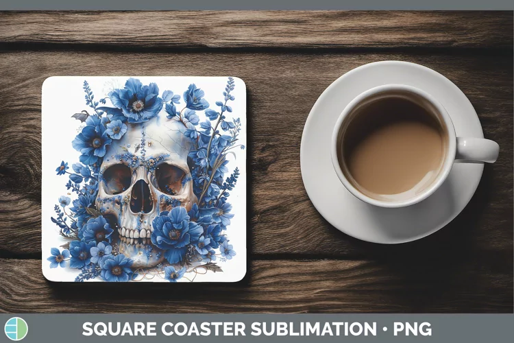 Skull Flowers 01 Delphinium Square Coaster Sublimation Coast