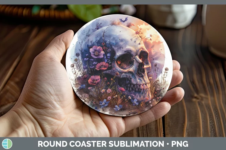 Skull Flowers 01 Geranium Round Coaster Sublimation Coaster