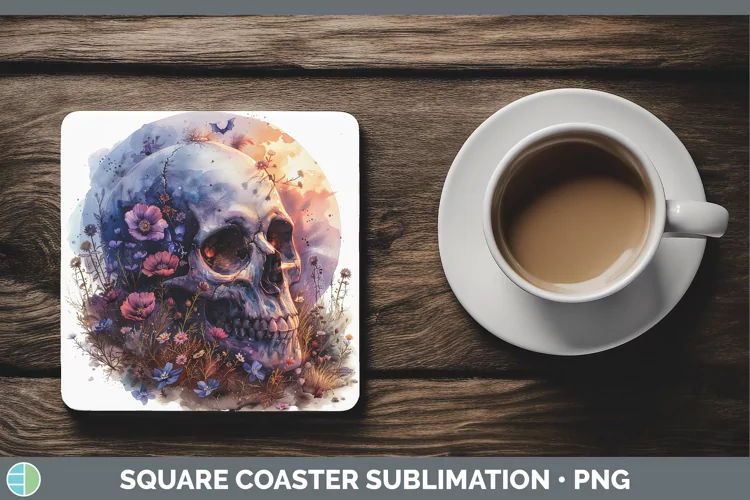 Skull Flowers 01 Geranium Square Coaster Sublimation Coaster