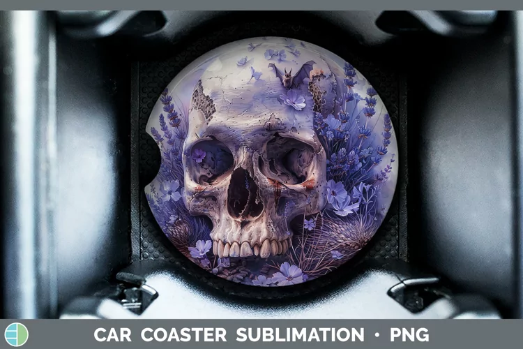 Skull Flowers 01 Lavender Car Coaster Sublimation Coaster De