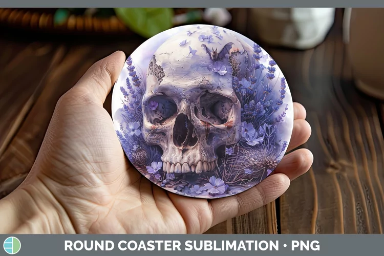 Skull Flowers 01 Lavender Round Coaster Sublimation Coaster