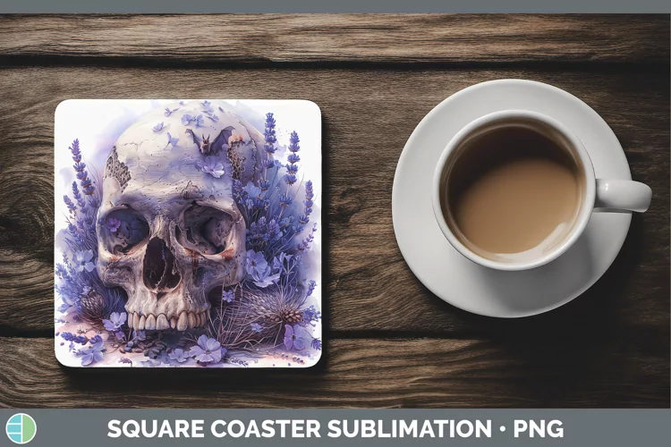 Skull Flowers 01 Lavender Square Coaster Sublimation Coaster