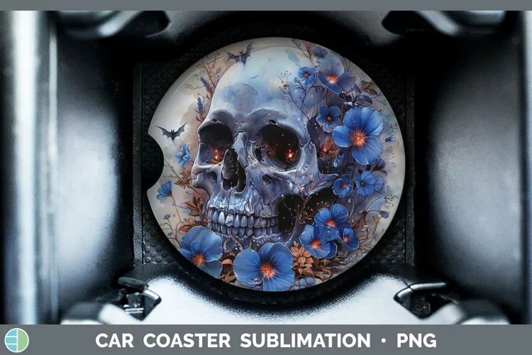 Skull Flowers 01 Periwinkle Car Coaster Sublimation Coaster