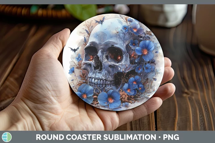 Skull Flowers 01 Periwinkle Round Coaster Sublimation Coaste