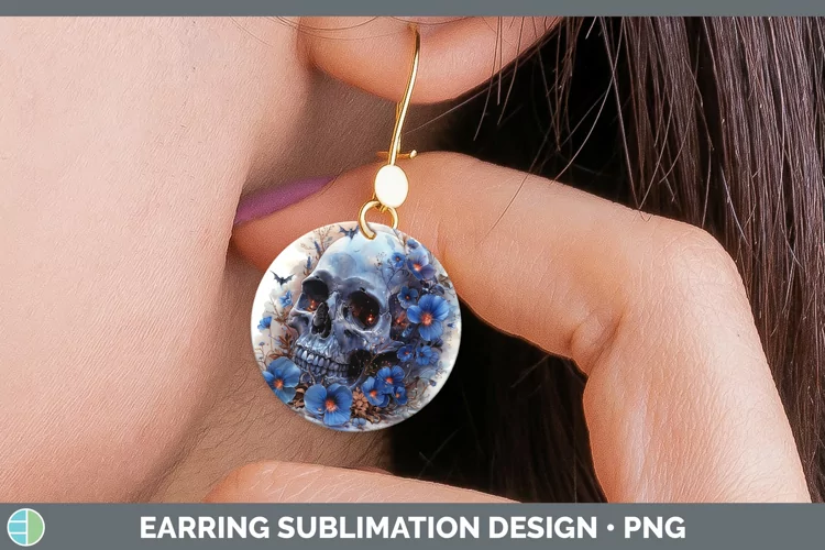 Skull Flowers 01 Periwinkle Round Earrings Sublimation Earri
