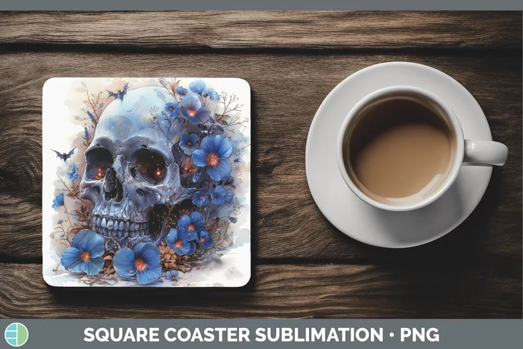 Skull Flowers 01 Periwinkle Square Coaster Sublimation Coast