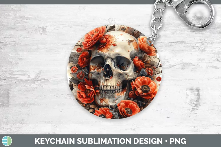 Skull Flowers 01 Ranunculus Keychain Sublimation Keyring Des