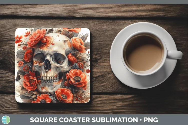 Skull Flowers 01 Ranunculus Square Coaster Sublimation Coast