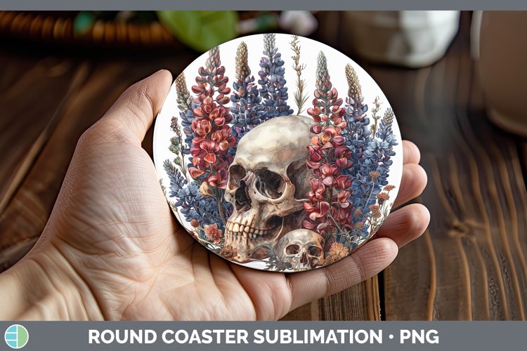 GorgeousSkull Flowers 01 Round Coaster design.
