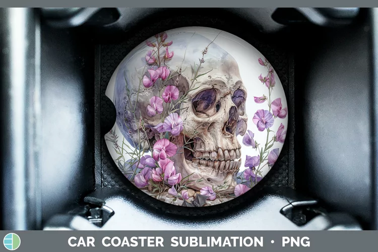 Skull Flowers 01 Sweet Pea Car Coaster Sublimation Coaster D