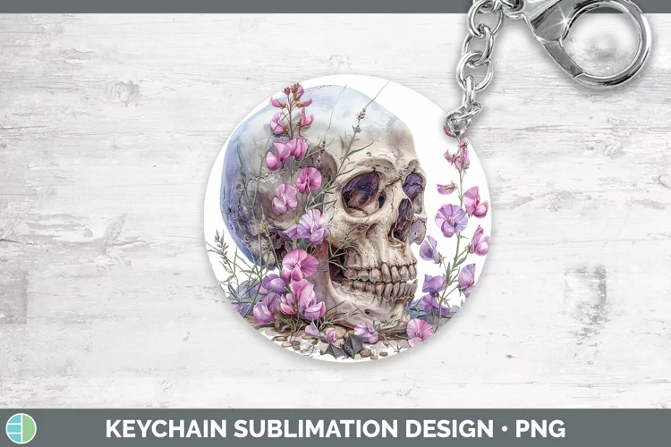 Skull Flowers 01 Sweet Pea Keychain Sublimation Keyring Desi
