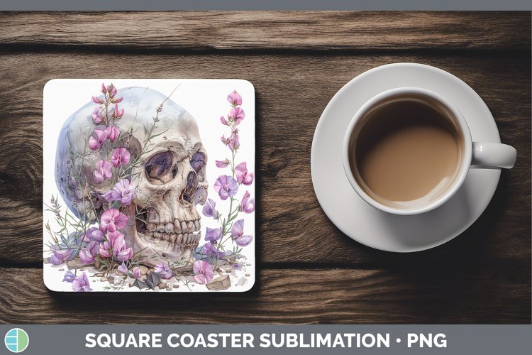 GorgeousSkull Flowers 01 Square Coaster design.