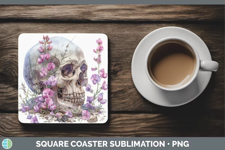 Skull Flowers 01 Sweet Pea Square Coaster Sublimation Coaste