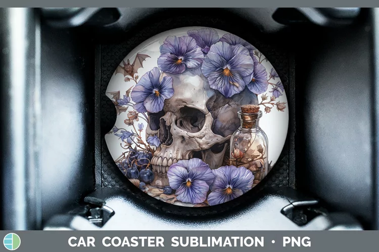 Skull Flowers 01 Violet Car Coaster Sublimation Coaster Desi