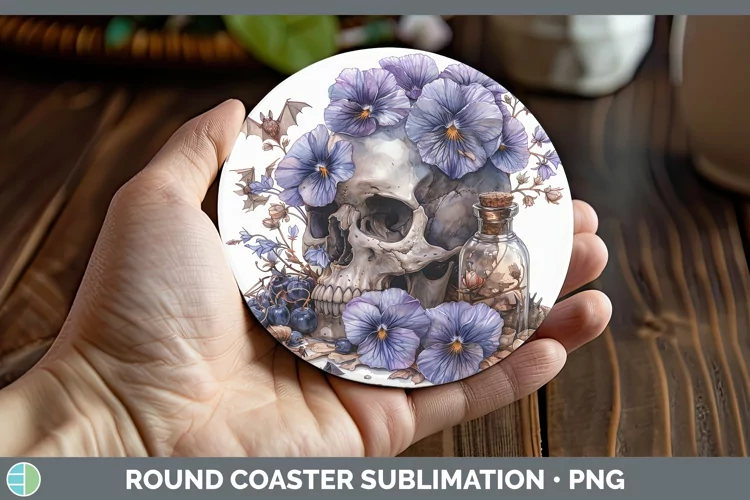 Skull Flowers 01 Violet Round Coaster Sublimation Coaster De