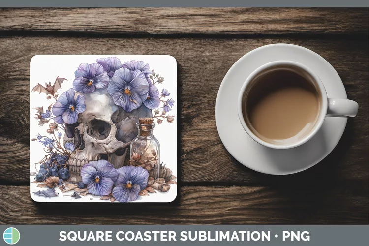 Skull Flowers 01 Violet Square Coaster Sublimation Coaster D