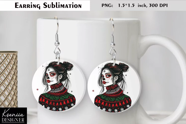Christmas Skull Girl|Round Earring Sublimation
