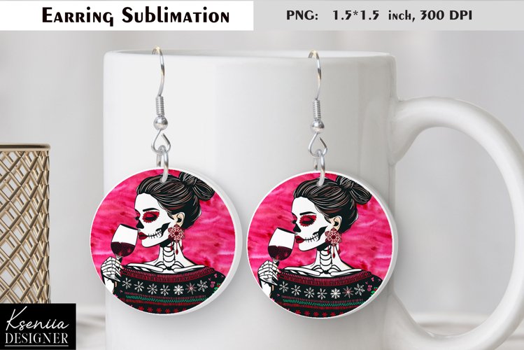 Christmas Skull Girl|Round Earring Sublimation example image 1