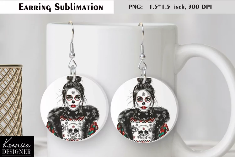 Christmas Skull Girl|Round Earring Sublimation