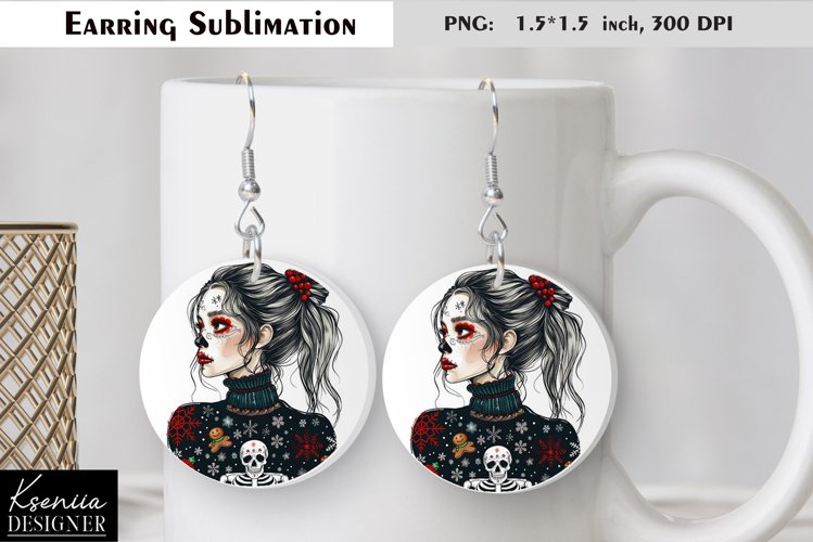Christmas Skull Girl|Round Earring Sublimation example image 1