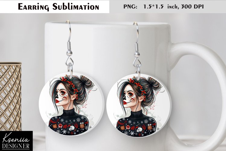Christmas Skull Girl|Round Earring Sublimation example image 1