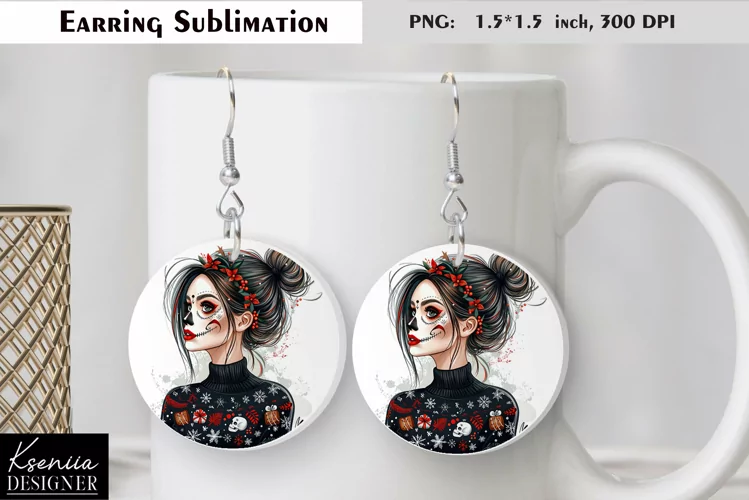 Christmas Skull Girl|Round Earring Sublimation