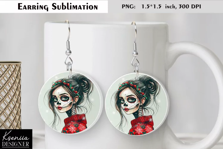 Christmas Skull Girl|Round Earring Sublimation