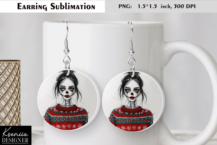 Christmas Skull Girl|Round Earring Sublimation example image 1