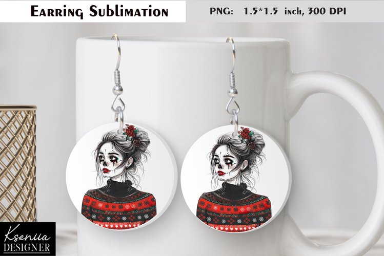 Christmas Skull Girl|Round Earring Sublimation example image 1