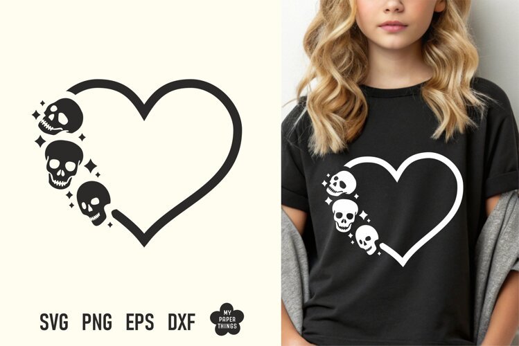 Skull Heart SVG cut file design featuring a heart outline adorned with skulls on a black t-shirt mockup