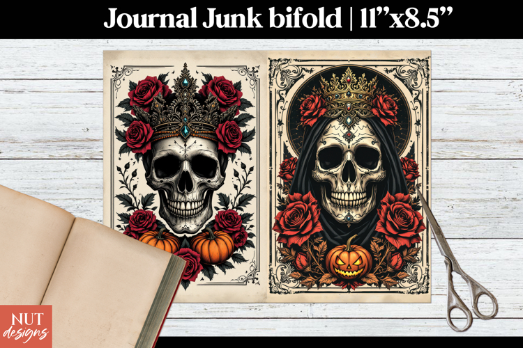Gothic Skull Journal Bifold Halloween ephemera Crowned skull