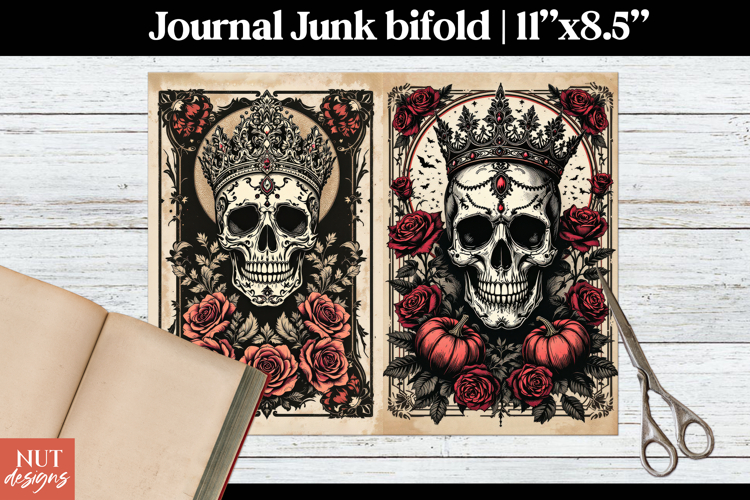 Gothic Skull Journal Bifold Halloween ephemera Crowned skull