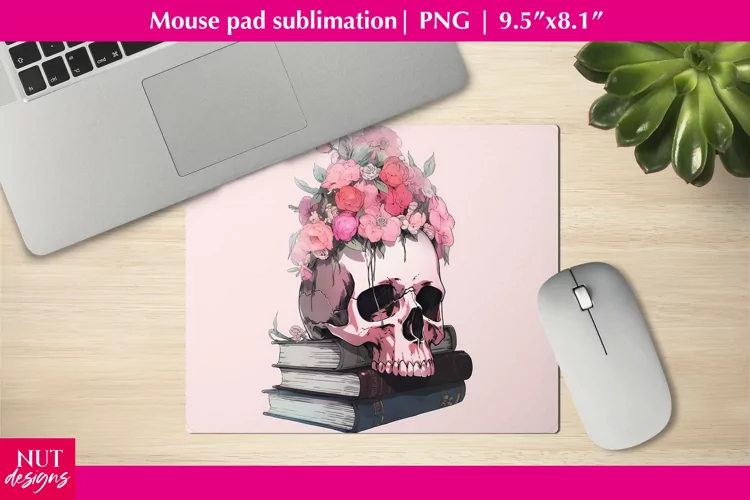 Floral Skull & books mouse pad, Pink Skull Books sublimation