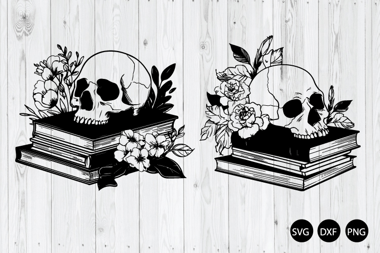 Skull On Stack Of Books With Flowers SVG, Skull Floral SVG
