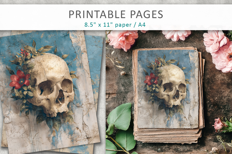 skull junk journal pages, grunge halloween paper