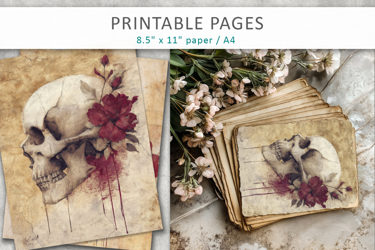 skull junk journal pages, grunge skull paper