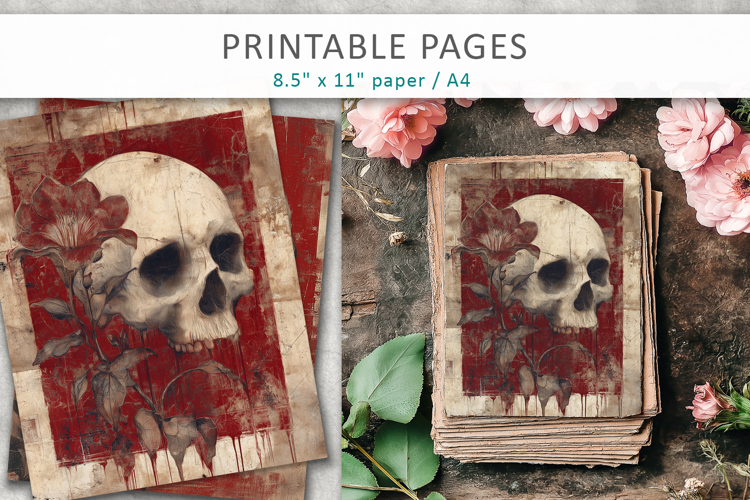 skull junk journal pages, grunge skull papers