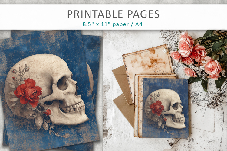 skull junk journal pages, grunge papers