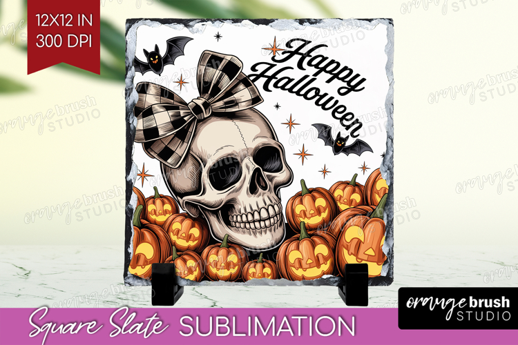 Skull Pumpkin Halloween Slate PNG Spooky Season Square Slate
