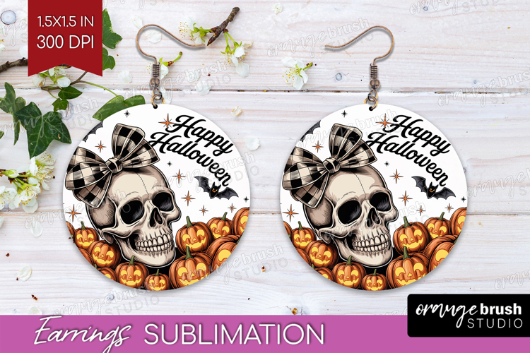 Skull Pumpkin Halloween Round Earrings Spooky Season PNG