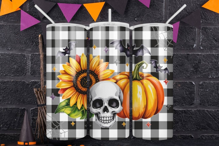 Skull Pumpkin Sunflower Skinny Tumbler Wrap Checkered