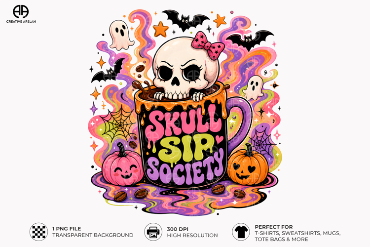 Skull Sip Society PNG - Gothic Halloween Coffee Shirt Design