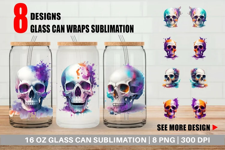 Skull Spooky Splash Watercolor Glass Can Wraps