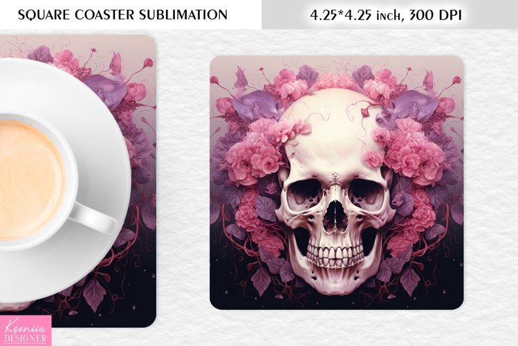 3d Floral Skull|Flower Square Coaster Sublimation