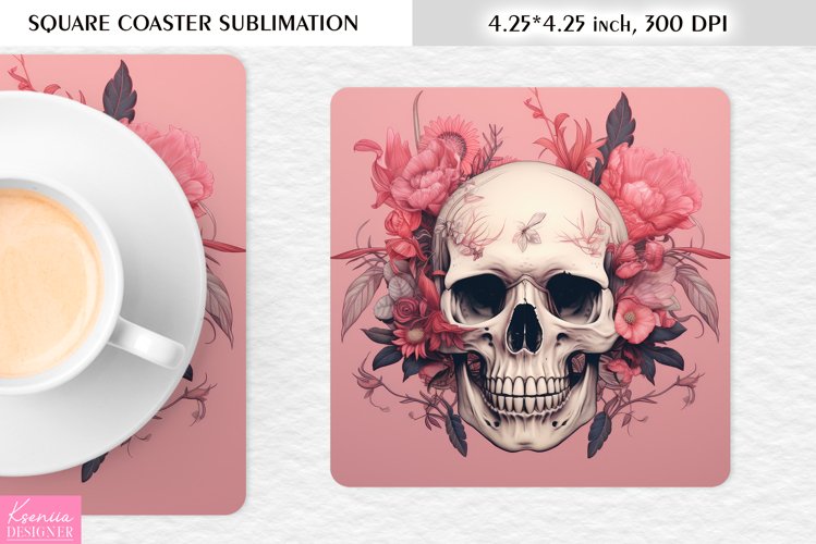 3d Floral Skull|Flower Square Coaster Sublimation