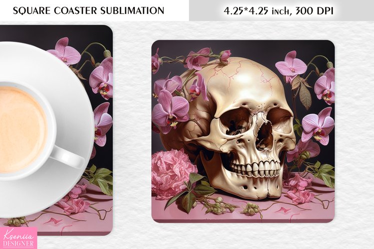 3d Floral Skull|Flower Square Coaster Sublimation