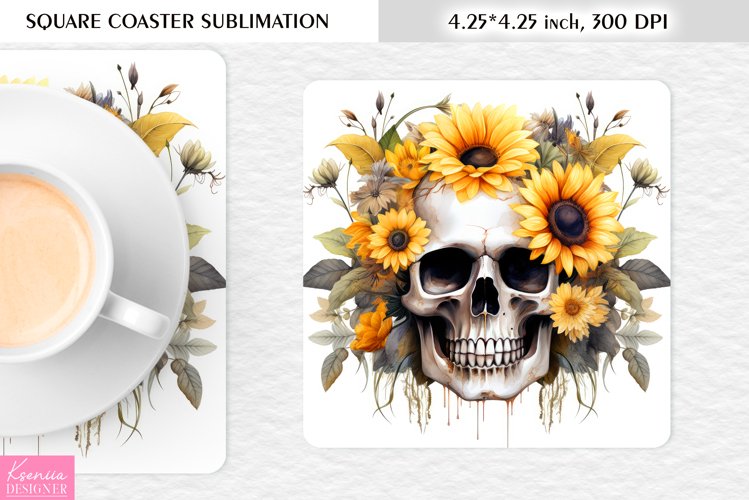 3d Floral Skull|Flower Square Coaster Sublimation