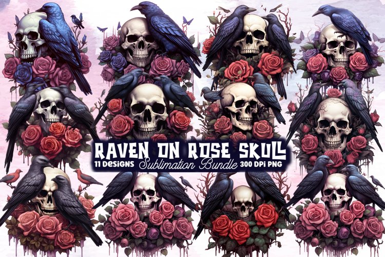 Raven On Rose Skull Sublimation Clipart, Raven Watercolor