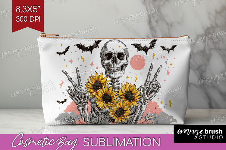 Skull Sunflowers Halloween Cosmetic Bag Spooky Season Makeup